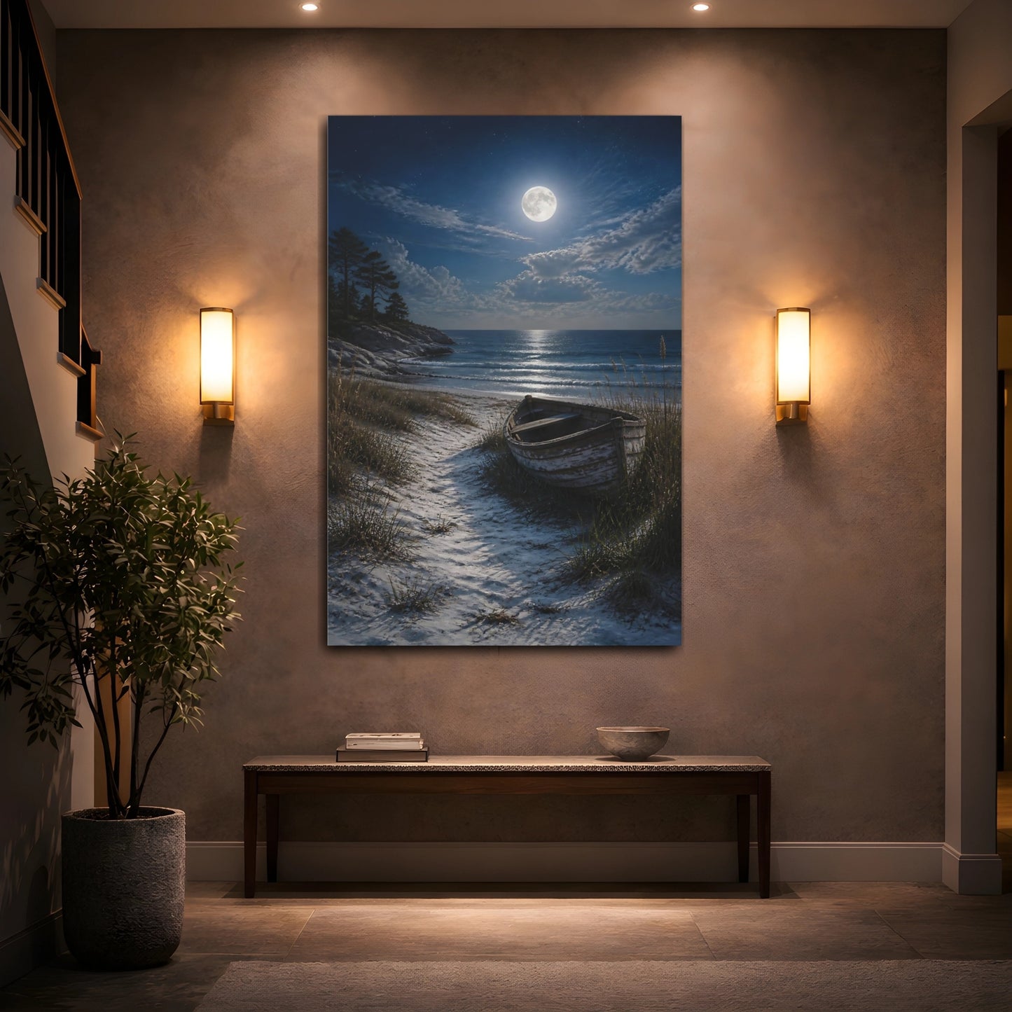 Mockup 2. Nature Moon, Boat Moonlit Beach shown as stretched canvas wall art