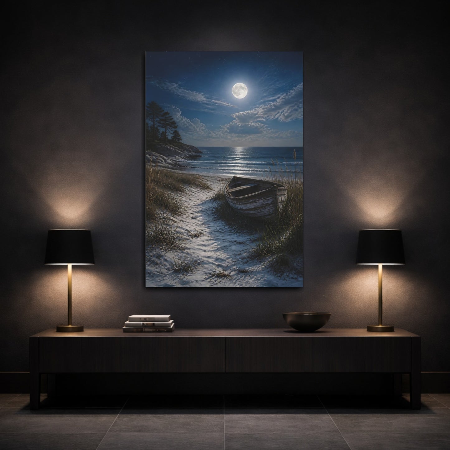 Mockup 3. Nature Moon, Boat Moonlit Beach shown as stretched canvas wall art
