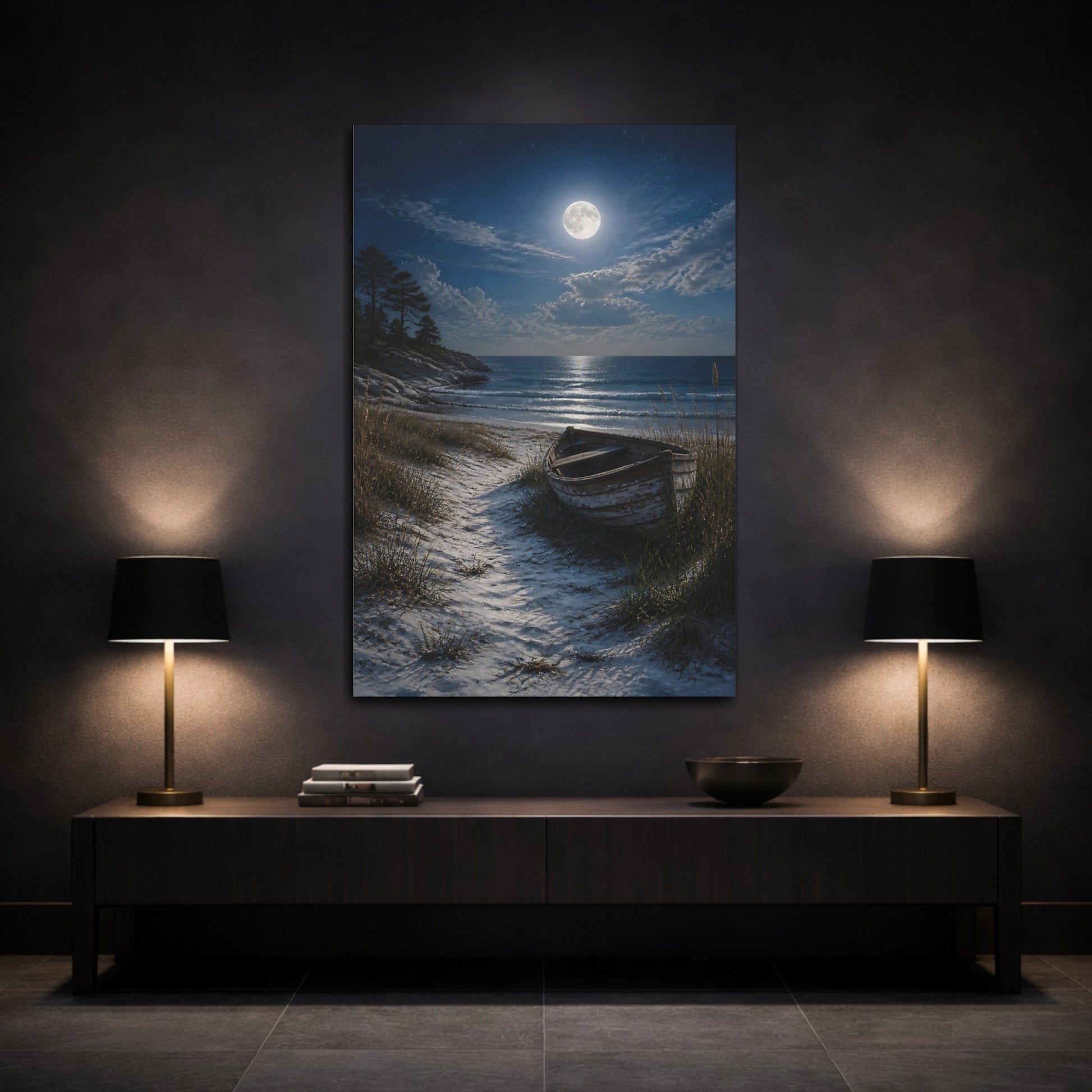 Mockup 3. Nature Moon, Boat Moonlit Beach shown as stretched canvas wall art