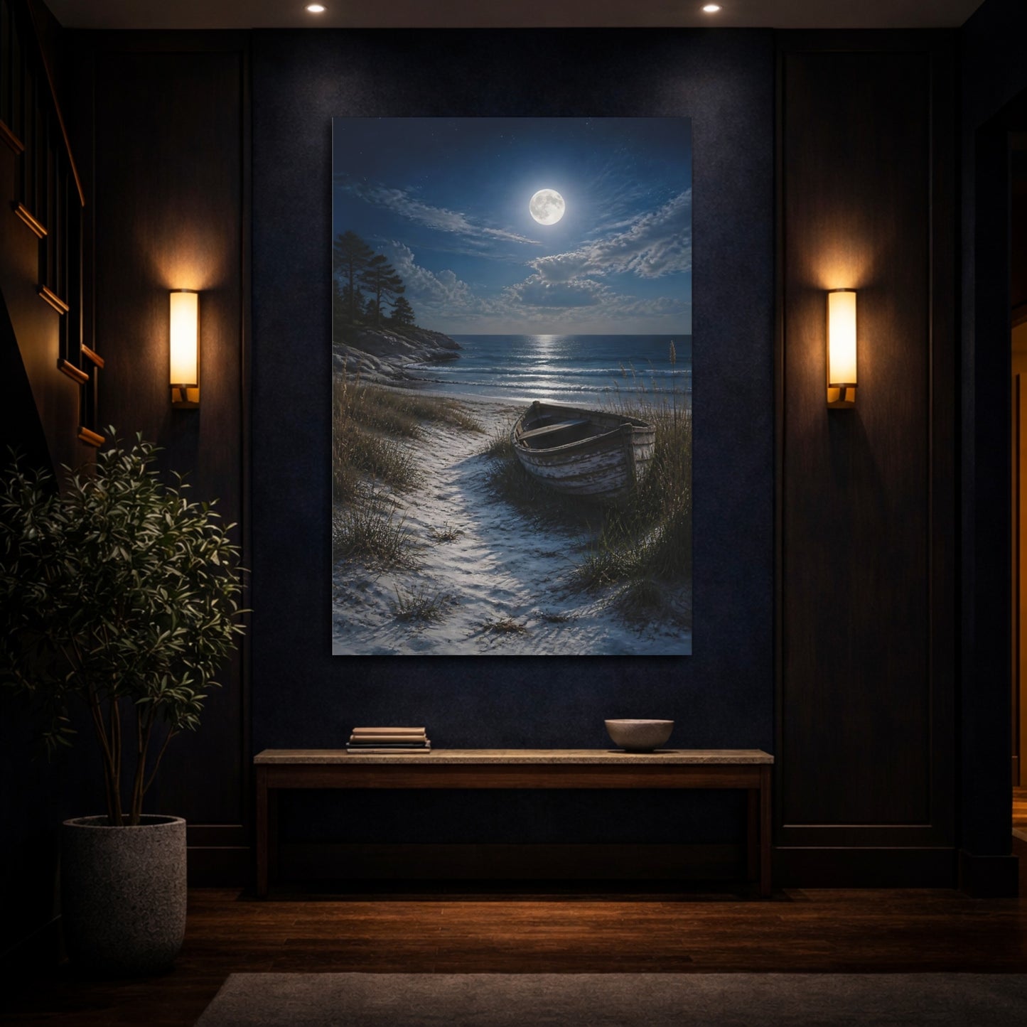 Mockup 4. Nature Moon, Boat Moonlit Beach shown as stretched canvas wall art