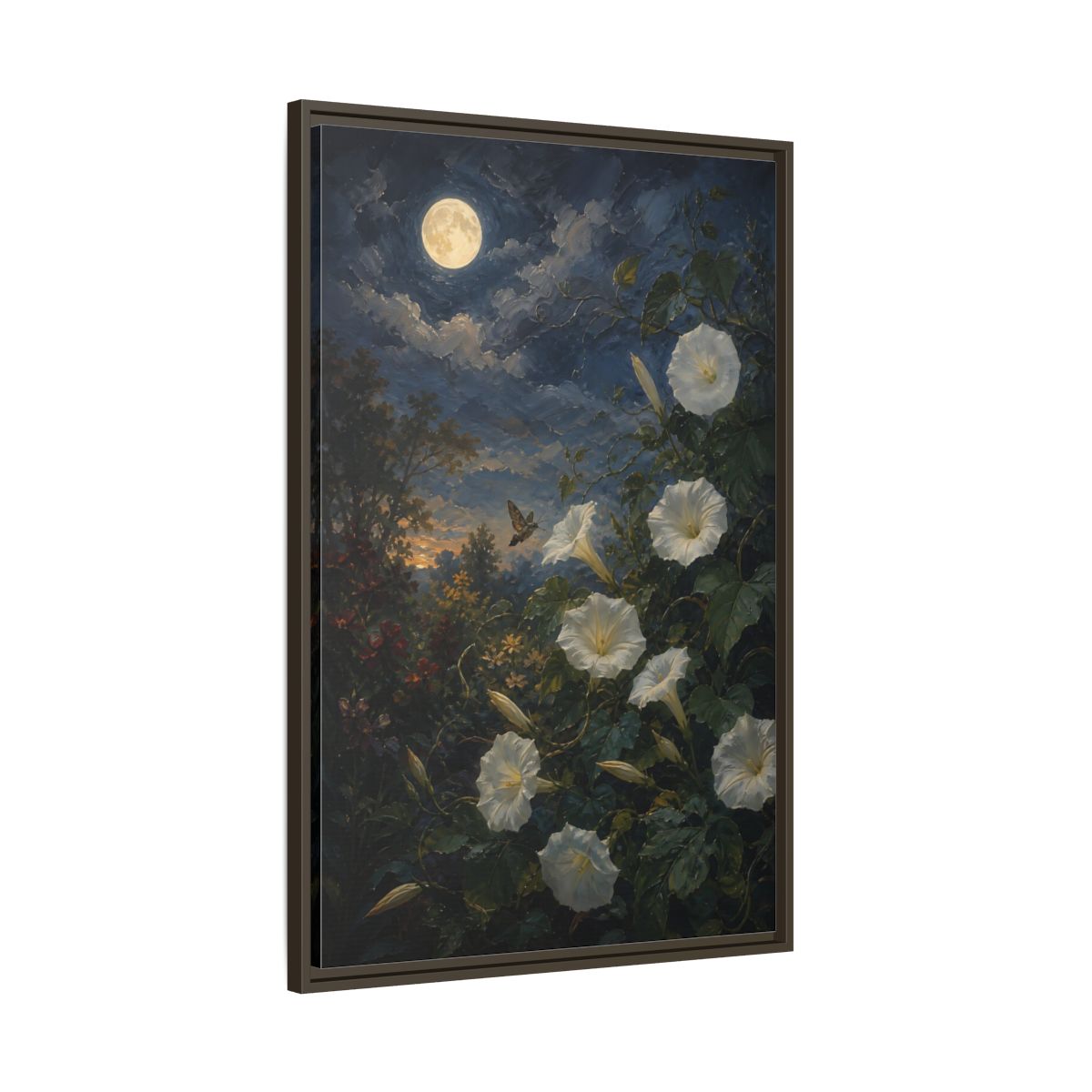 Main Mockup. Nature Moonflowers Moonlit Floral shown as stretched canvas wall art