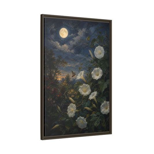 Main Mockup. Nature Moonflowers Moonlit Floral shown as stretched canvas wall art