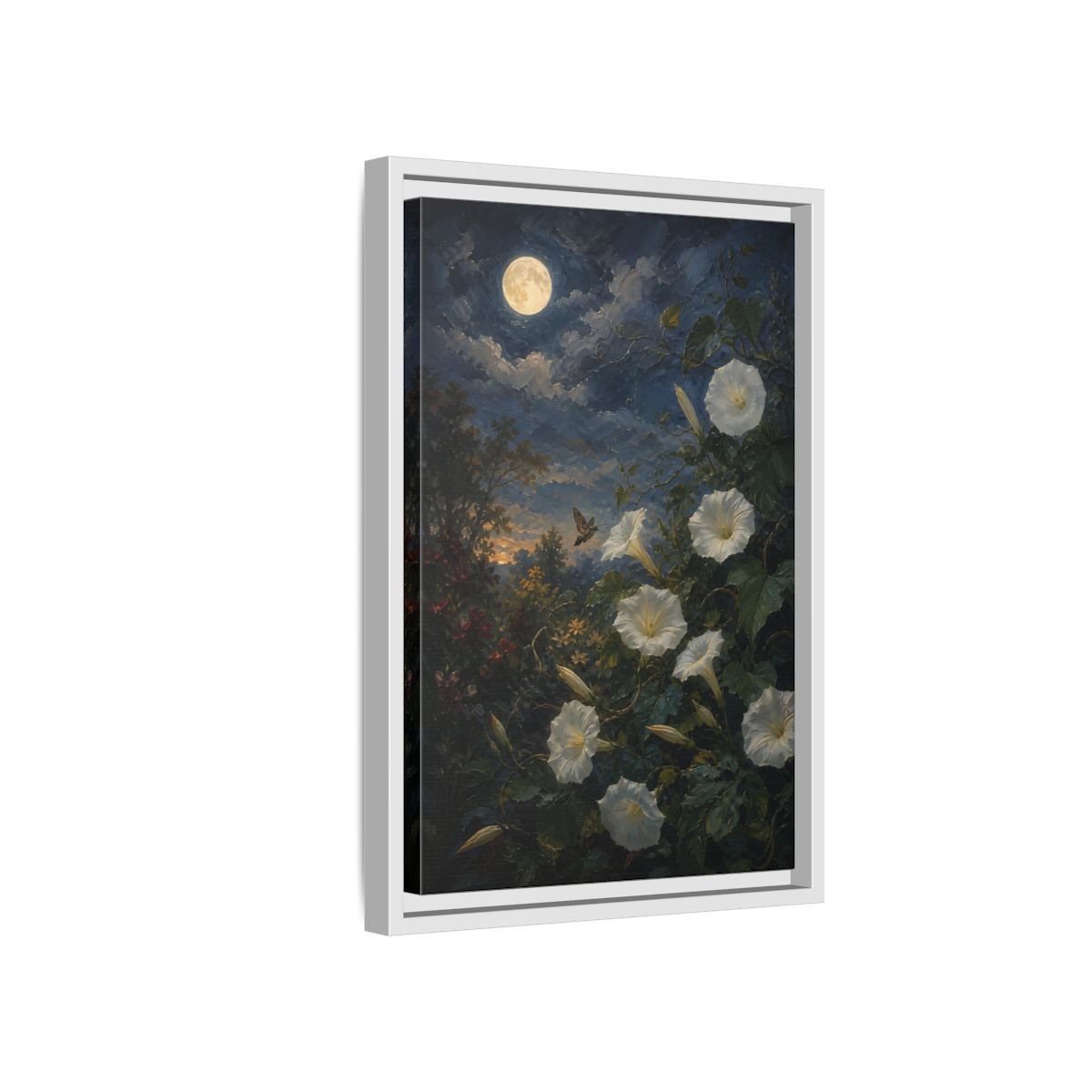 Side Mockup 4. Nature Moonflowers Moonlit Floral shown as stretched canvas wall art