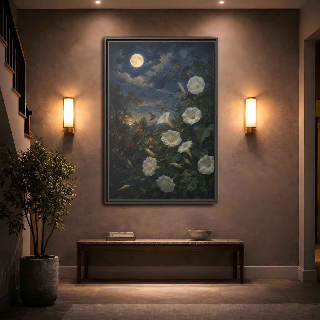 Mockup 2. Nature Moonflowers Moonlit Floral shown as stretched canvas wall art