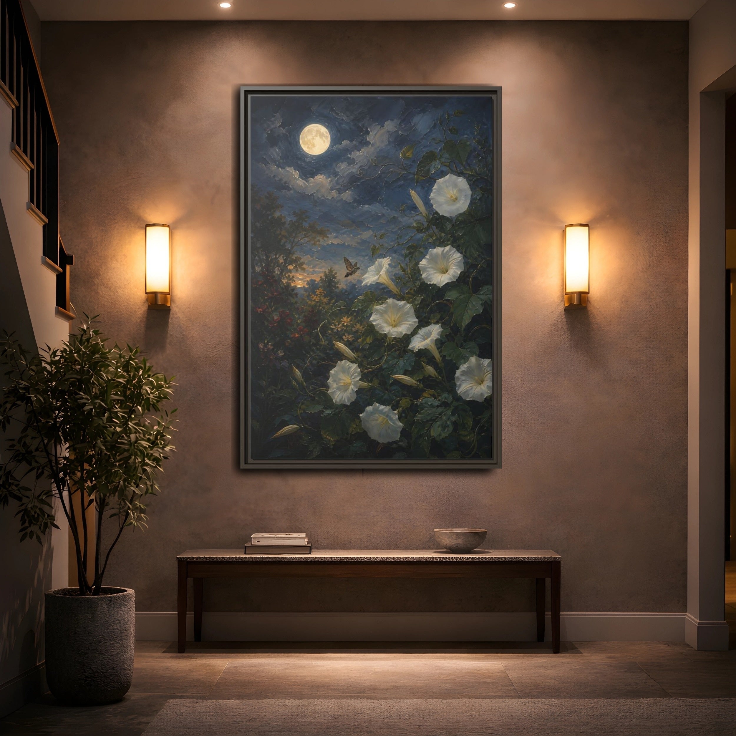 Mockup 2. Nature Moonflowers Moonlit Floral shown as stretched canvas wall art