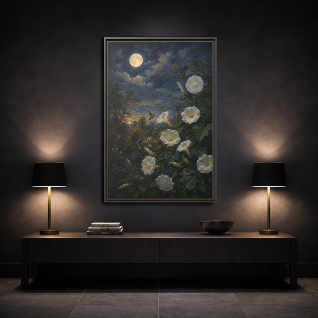 Mockup 3. Nature Moonflowers Moonlit Floral shown as stretched canvas wall art