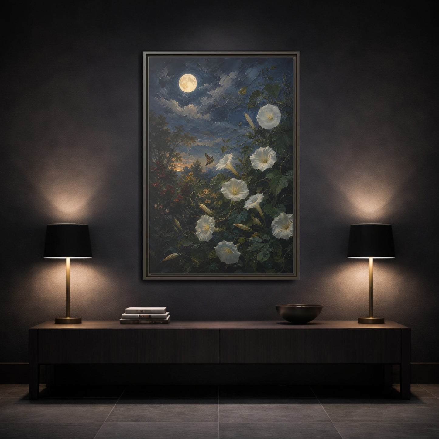Mockup 3. Nature Moonflowers Moonlit Floral shown as stretched canvas wall art