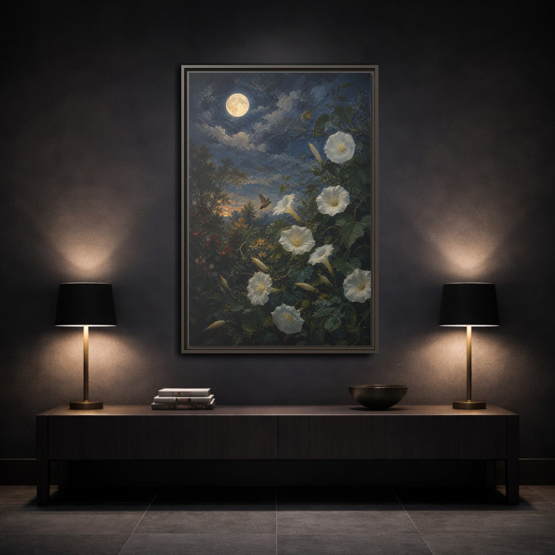 Mockup 3. Nature Moonflowers Moonlit Floral shown as stretched canvas wall art
