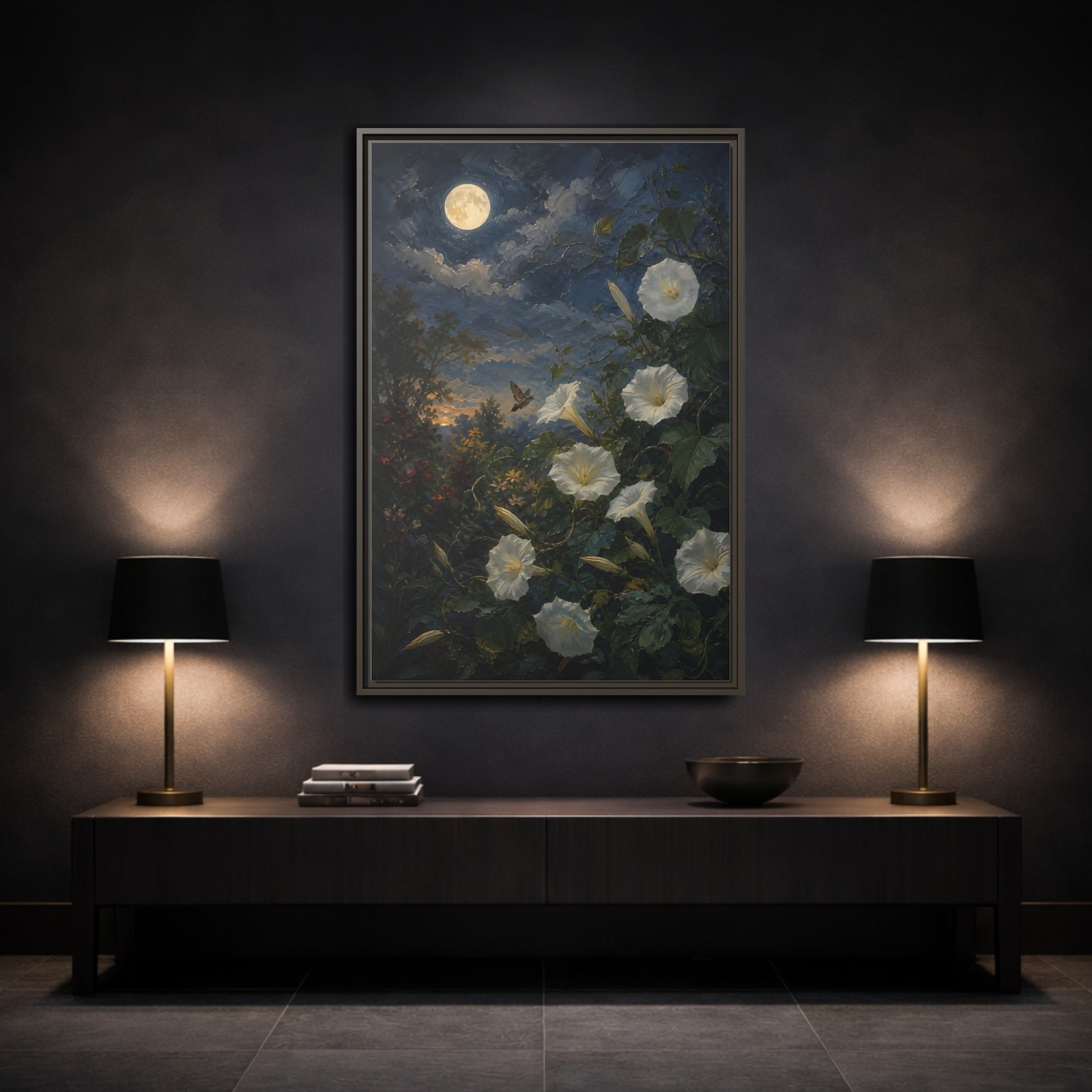 Mockup 3. Nature Moonflowers Moonlit Floral shown as stretched canvas wall art