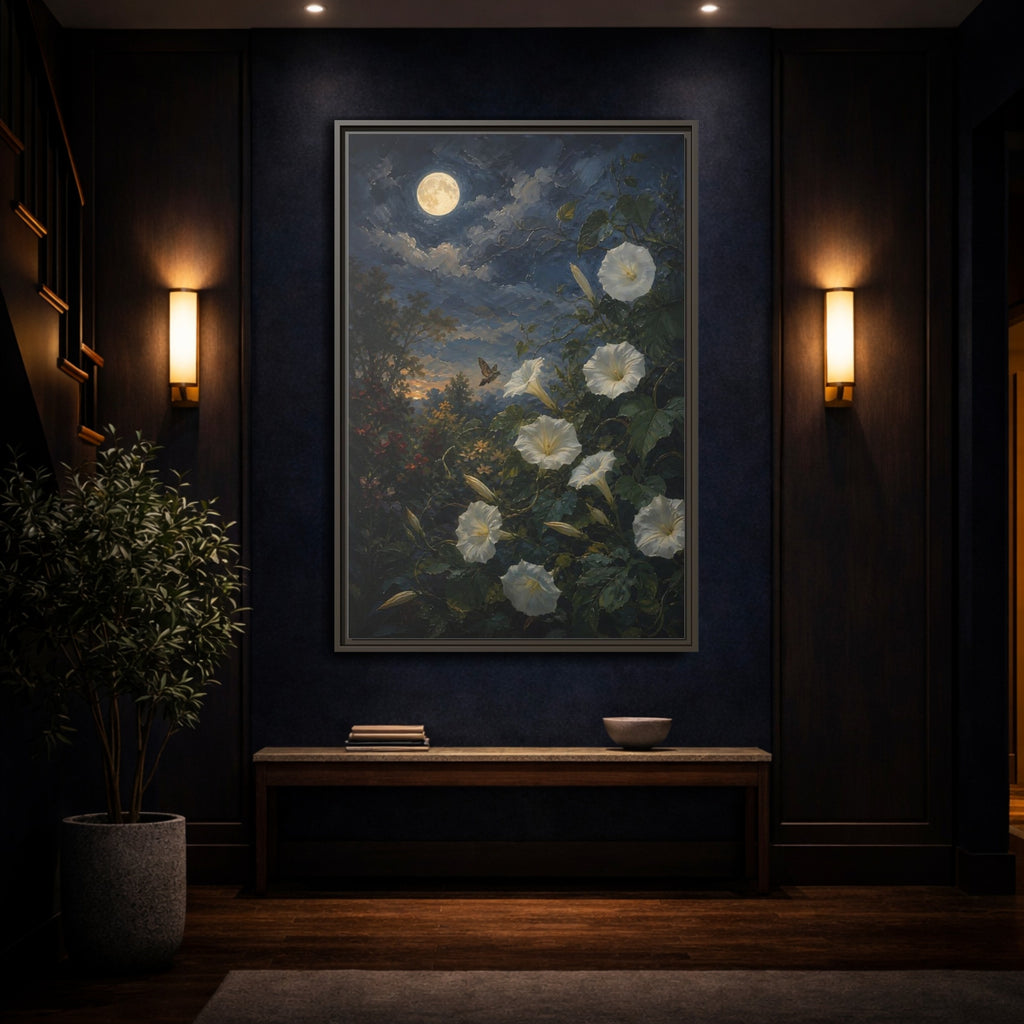 Mockup 4. Nature Moonflowers Moonlit Floral shown as stretched canvas wall art