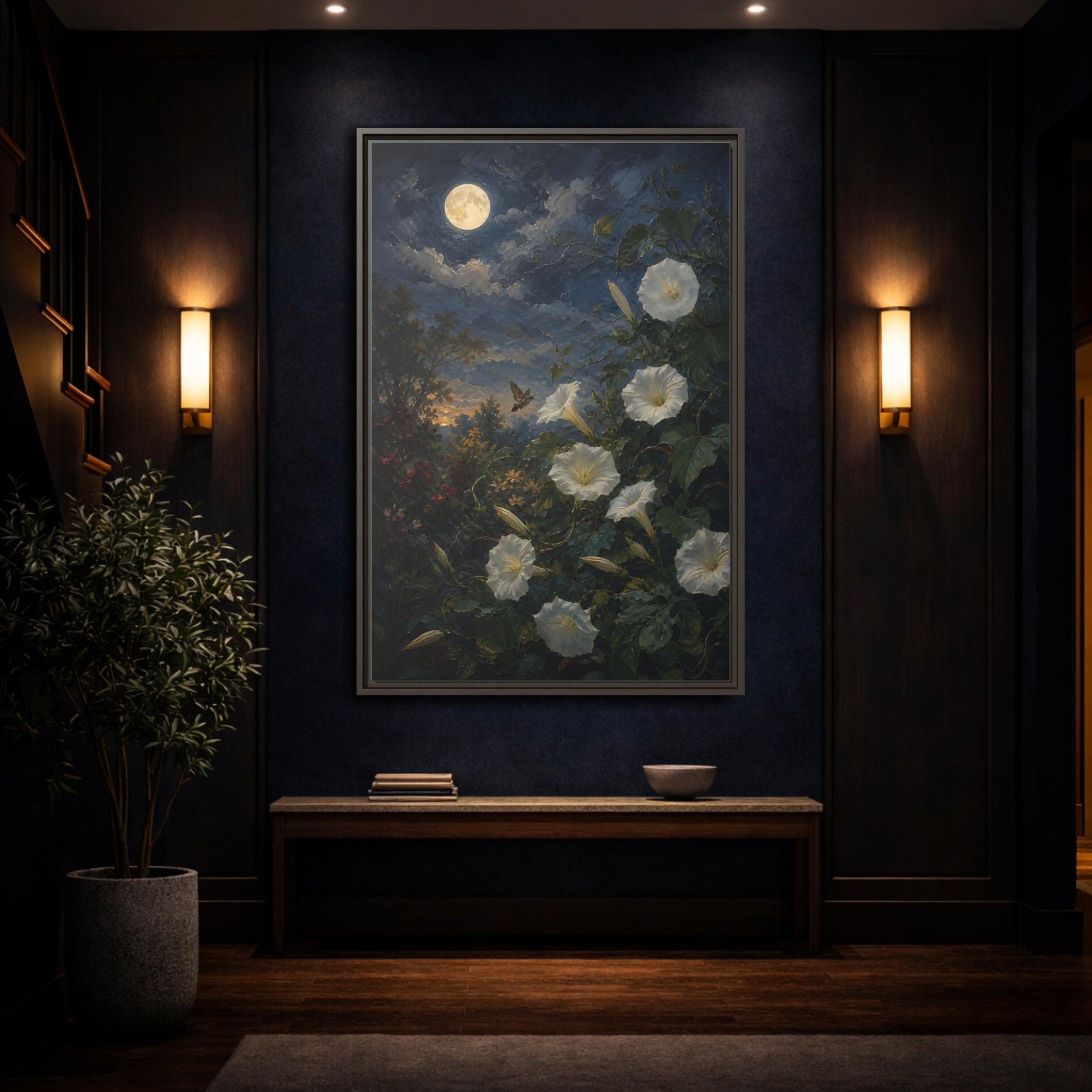 Mockup 4. Nature Moonflowers Moonlit Floral shown as stretched canvas wall art