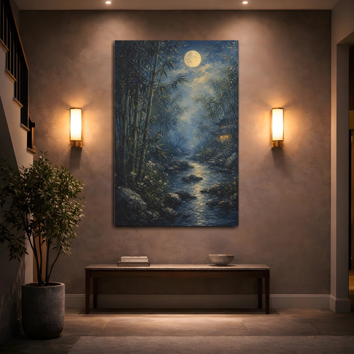 Mockup 2. Nature Moonlit Bamboo Moonlit Bamboo shown as stretched canvas wall art