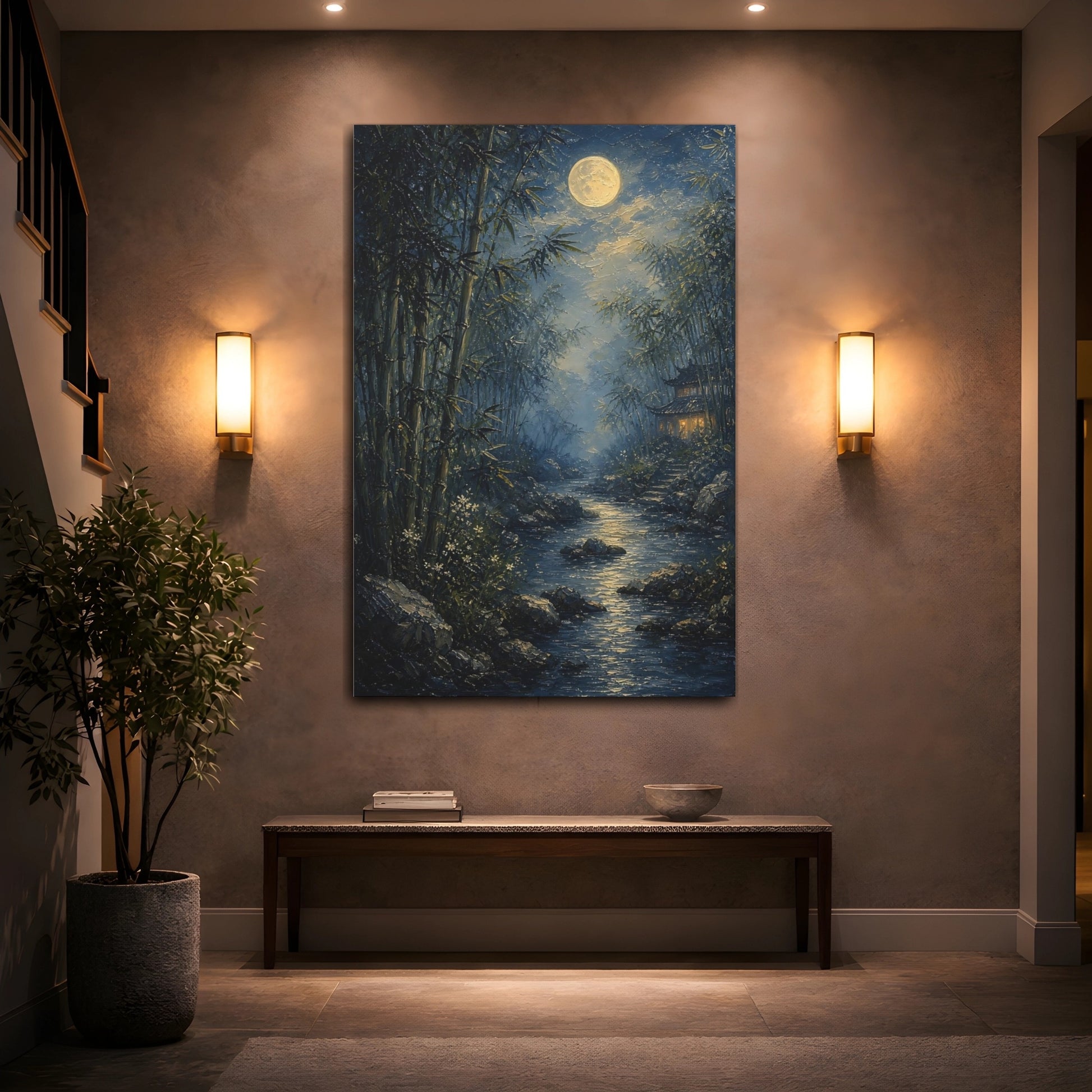 Mockup 2. Nature Moonlit Bamboo Moonlit Bamboo shown as stretched canvas wall art