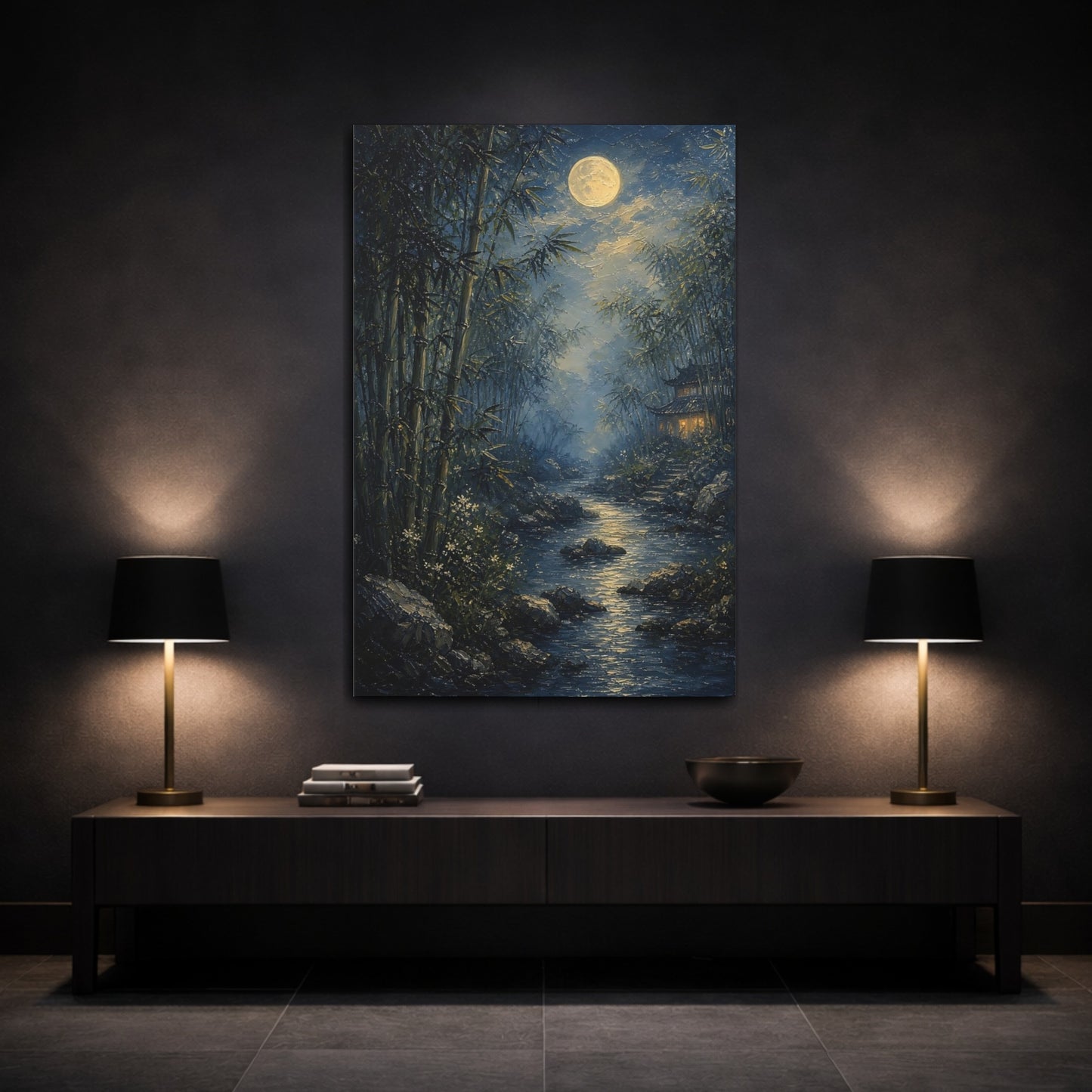 Mockup 3. Nature Moonlit Bamboo Moonlit Bamboo shown as stretched canvas wall art