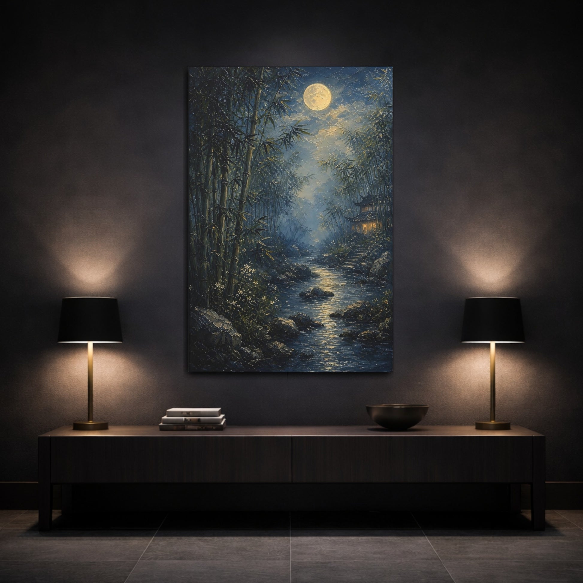 Mockup 3. Nature Moonlit Bamboo Moonlit Bamboo shown as stretched canvas wall art