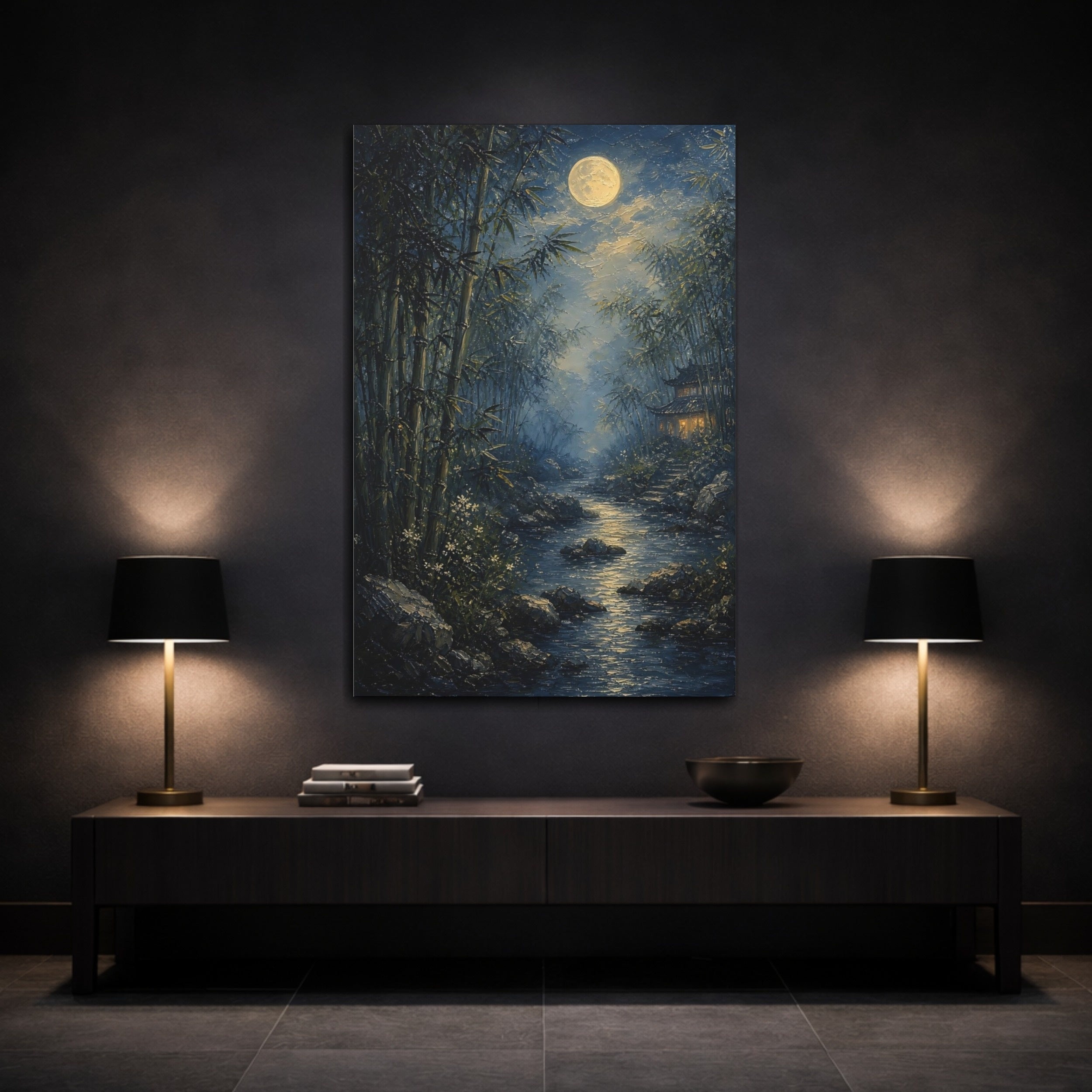 Mockup 3. Nature Moonlit Bamboo Moonlit Bamboo shown as stretched canvas wall art