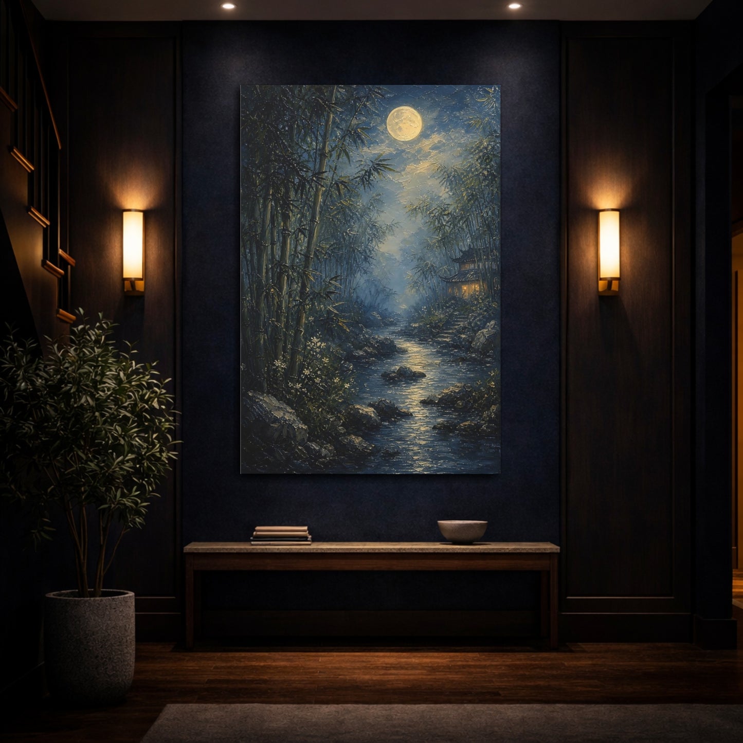 Mockup 4. Nature Moonlit Bamboo Moonlit Bamboo shown as stretched canvas wall art