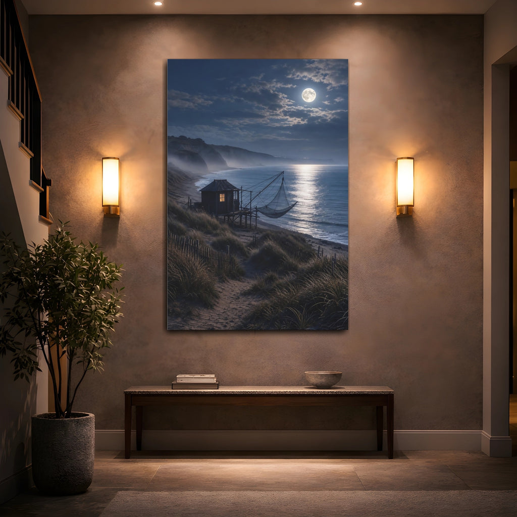 Mockup 2. Nature Moonlit Beach Moonlit Beach Night shown as stretched canvas wall art