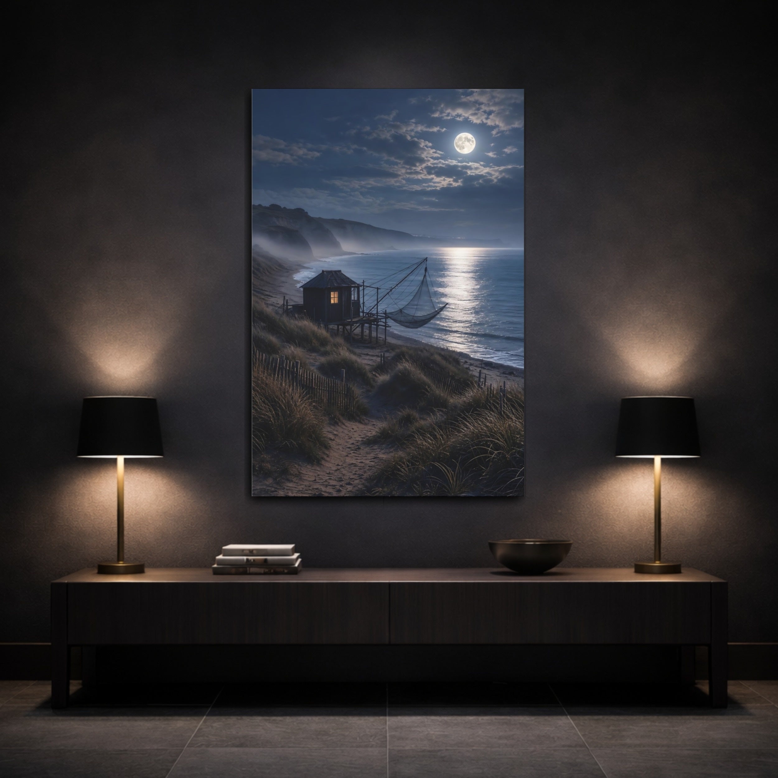 Mockup 3. Nature Moonlit Beach Moonlit Beach Night shown as stretched canvas wall art