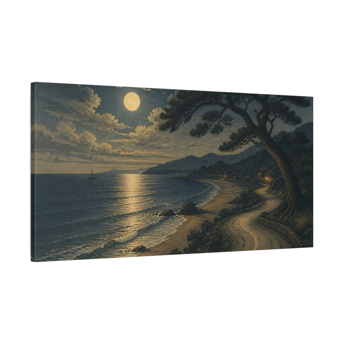 Main Mockup. Nature Moonlit Beach Moonlit Seascape shown as stretched canvas wall art