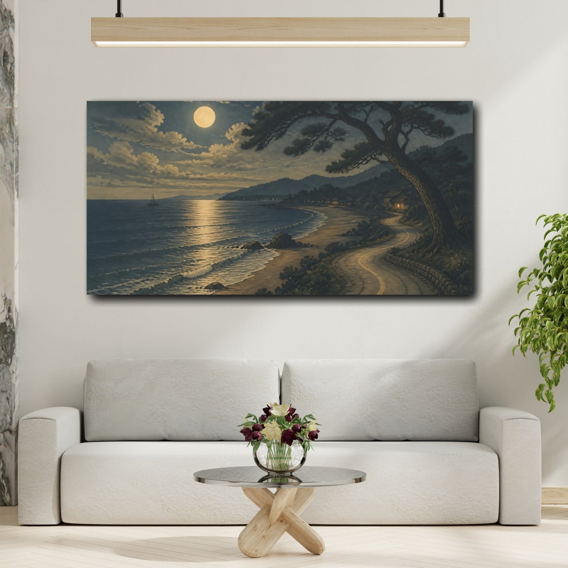 Mockup 2. Nature Moonlit Beach Moonlit Seascape shown as stretched canvas wall art