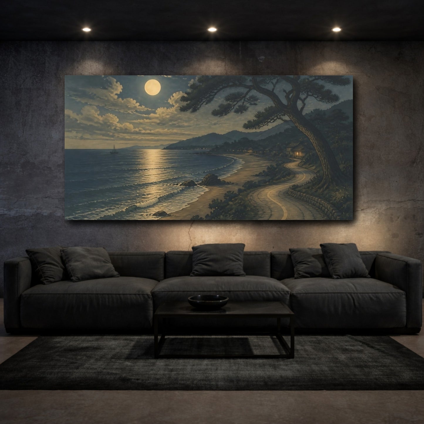 Mockup 3. Nature Moonlit Beach Moonlit Seascape shown as stretched canvas wall art