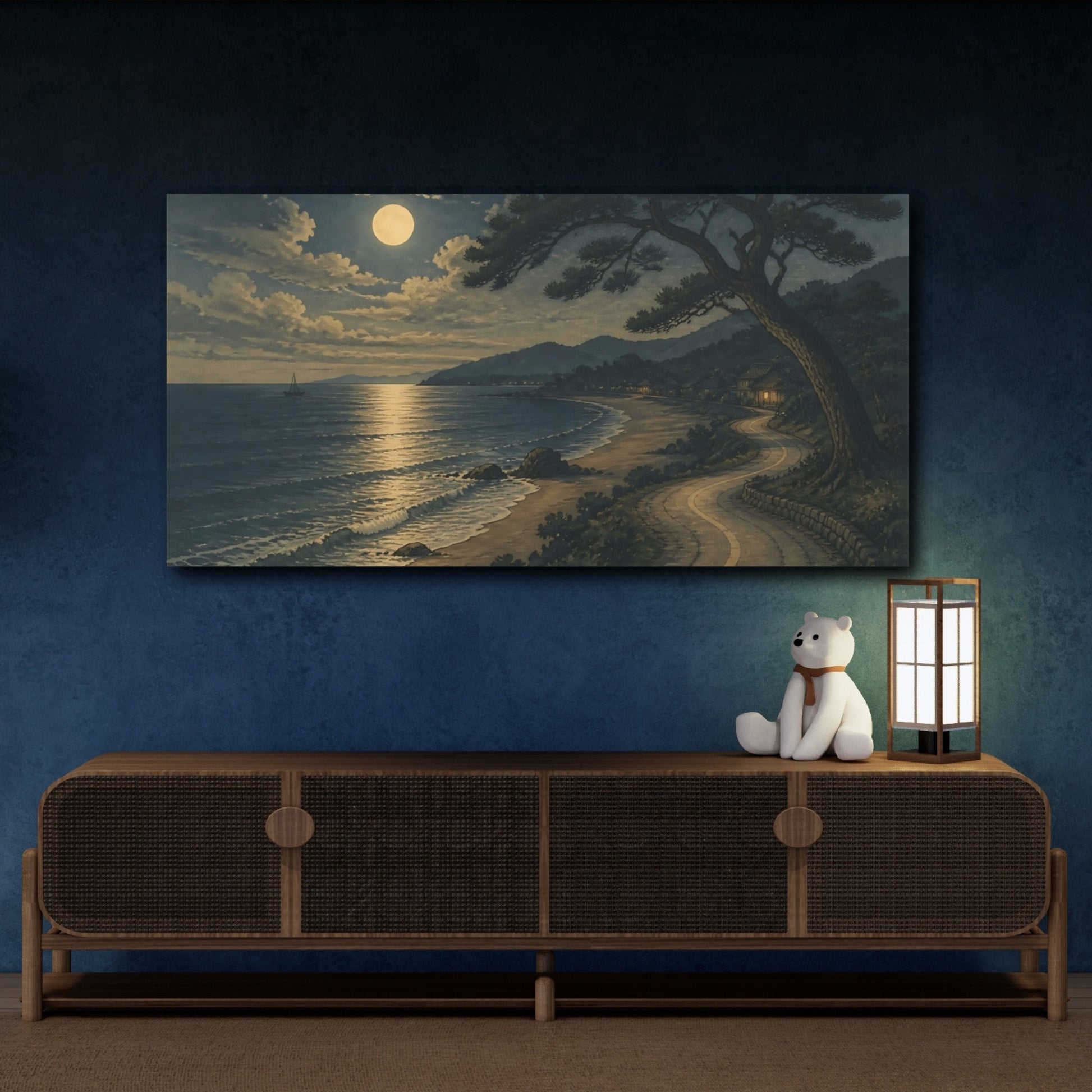 Mockup 4. Nature Moonlit Beach Moonlit Seascape shown as stretched canvas wall art