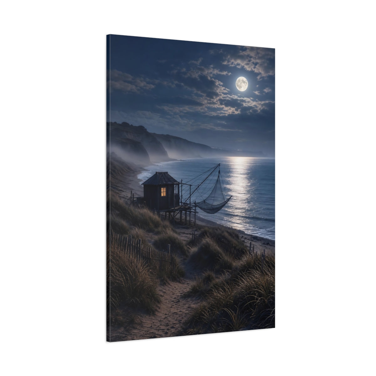 Side Mockup 1. Nature Moonlit Beach Moonlit Beach Night shown as stretched canvas wall art