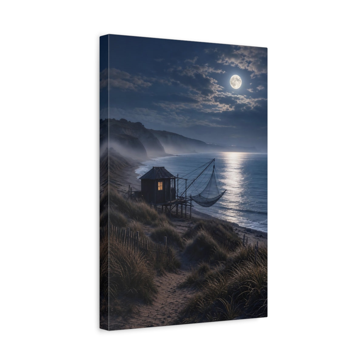 Side Mockup 4. Nature Moonlit Beach Moonlit Beach Night shown as stretched canvas wall art