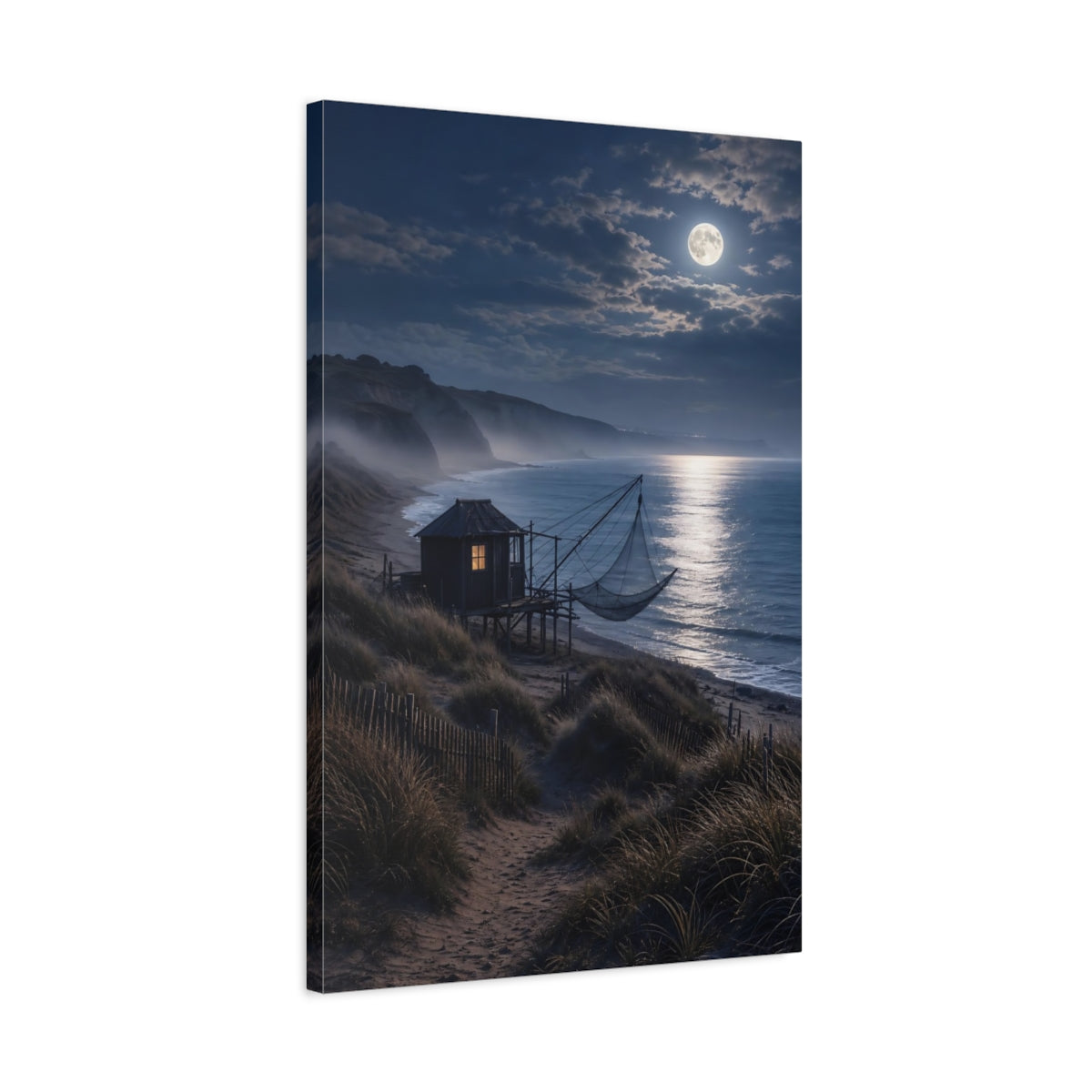 Side Mockup 2. Nature Moonlit Beach Moonlit Beach Night shown as stretched canvas wall art