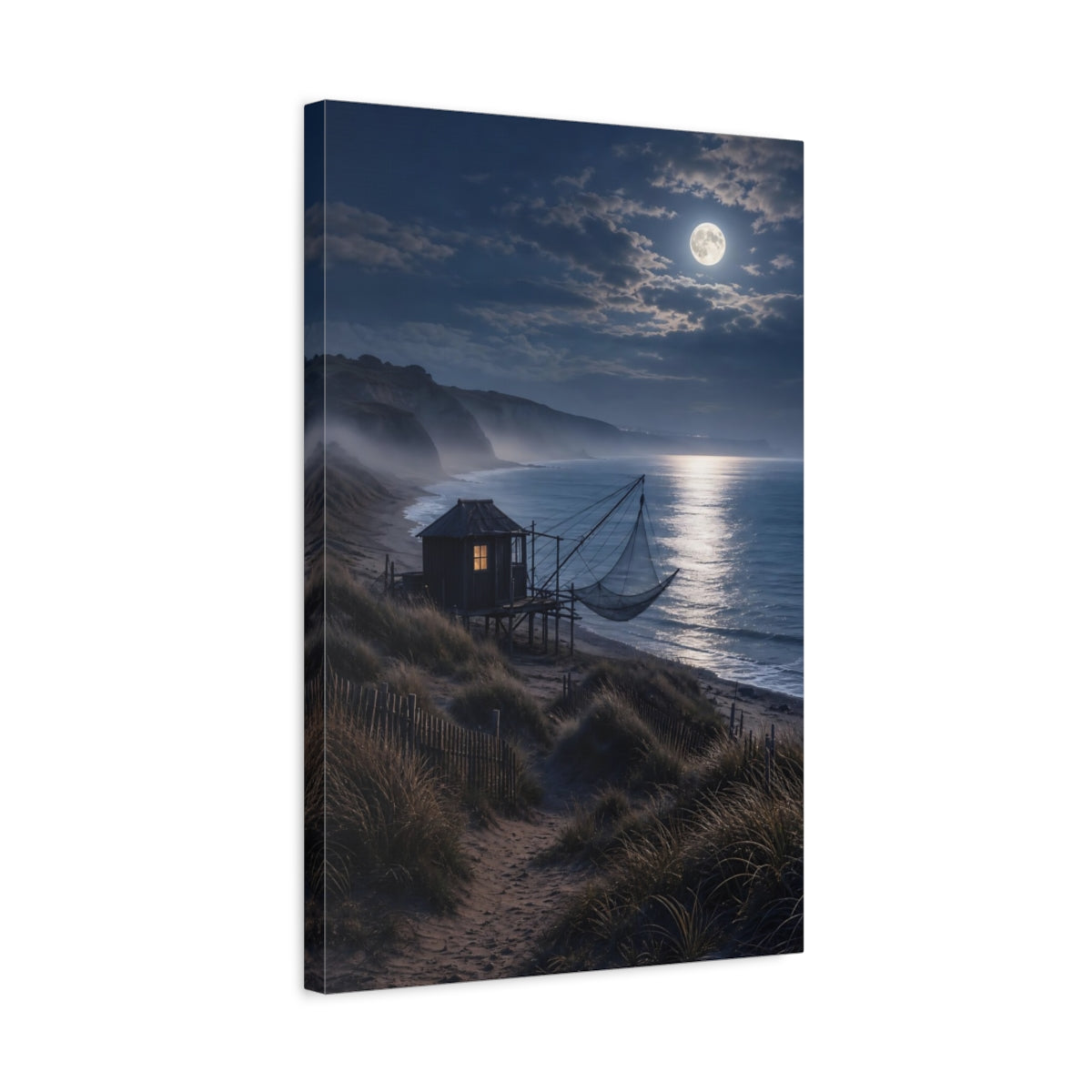 Side Mockup 3. Nature Moonlit Beach Moonlit Beach Night shown as stretched canvas wall art