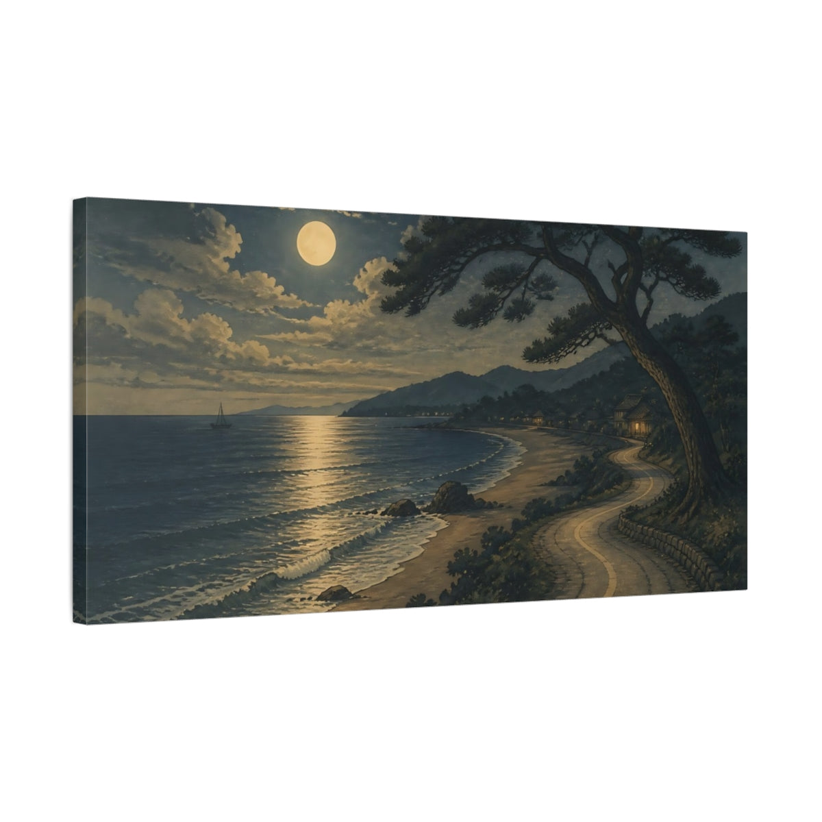 Side Mockup 1. Nature Moonlit Beach Moonlit Seascape shown as stretched canvas wall art
