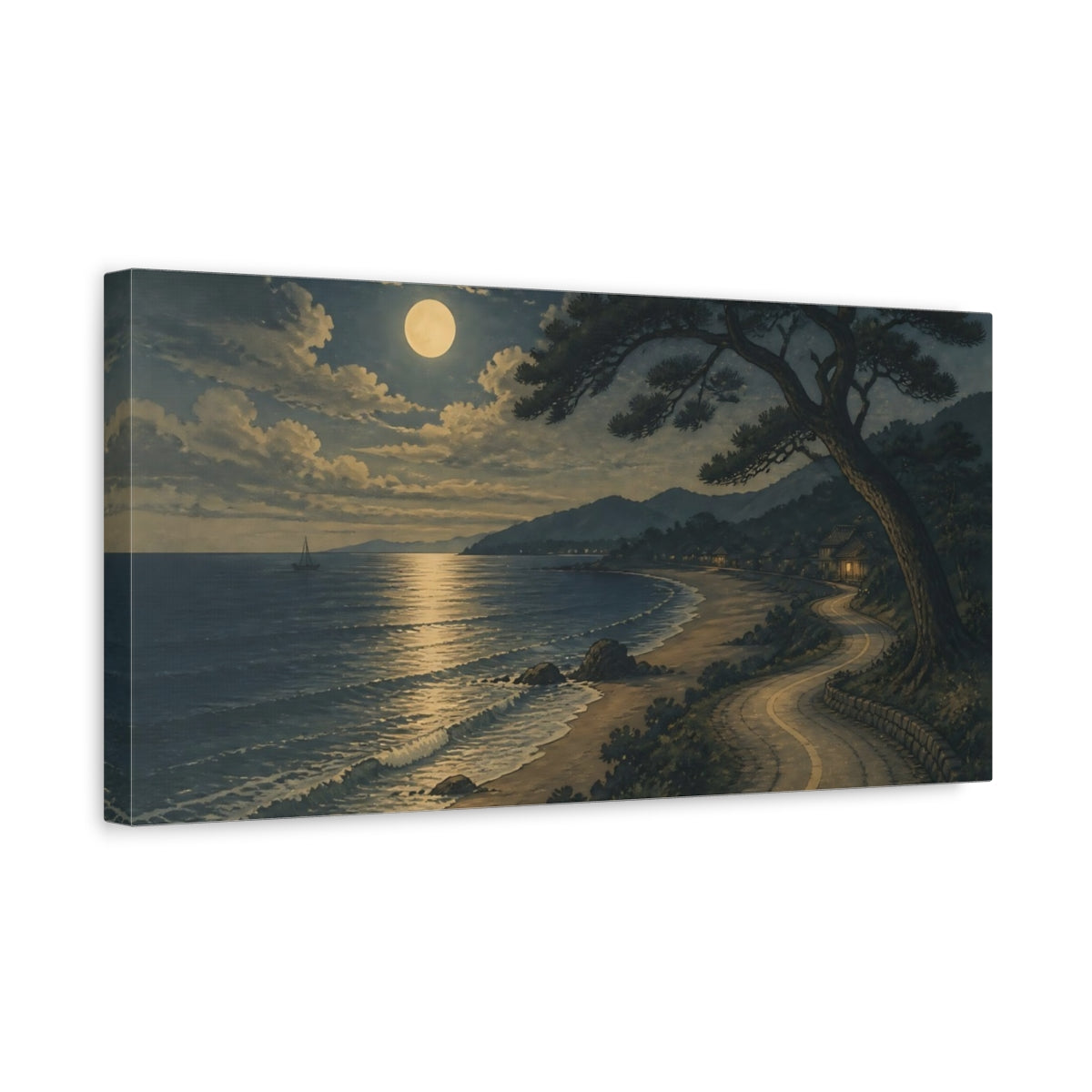 Side Mockup 3. Nature Moonlit Beach Moonlit Seascape shown as stretched canvas wall art