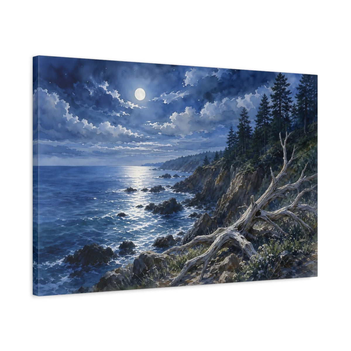 Side Mockup 2. Nature Moonlit Coast Moonlit Coastal Scene shown as stretched canvas wall art