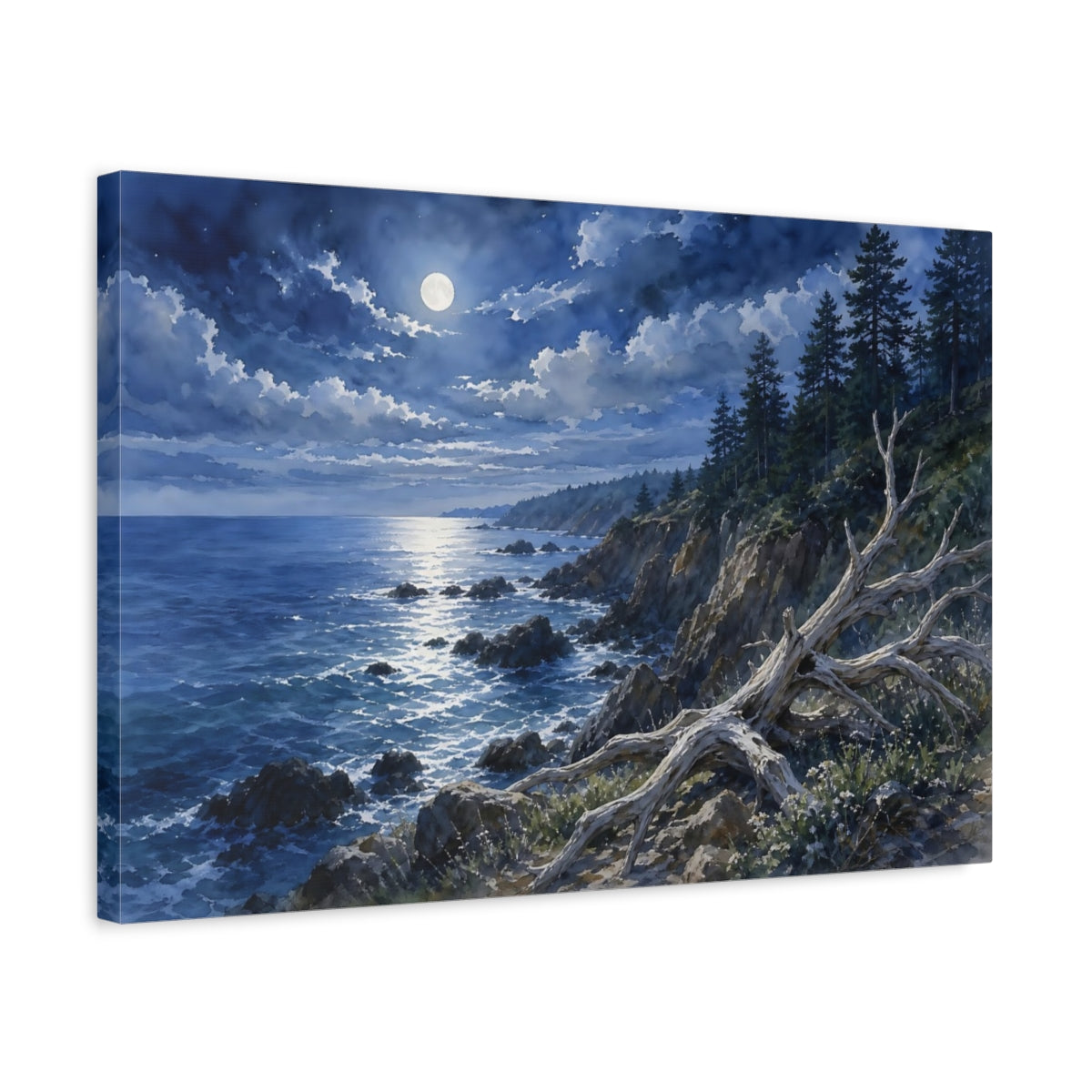 Side Mockup 3. Nature Moonlit Coast Moonlit Coastal Scene shown as stretched canvas wall art
