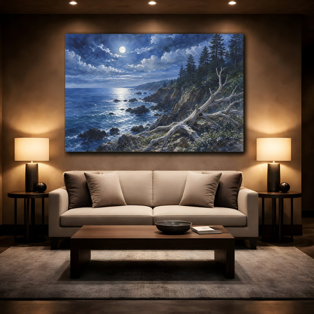 Mockup 2. Nature Moonlit Coast Moonlit Coastal Scene shown as stretched canvas wall art