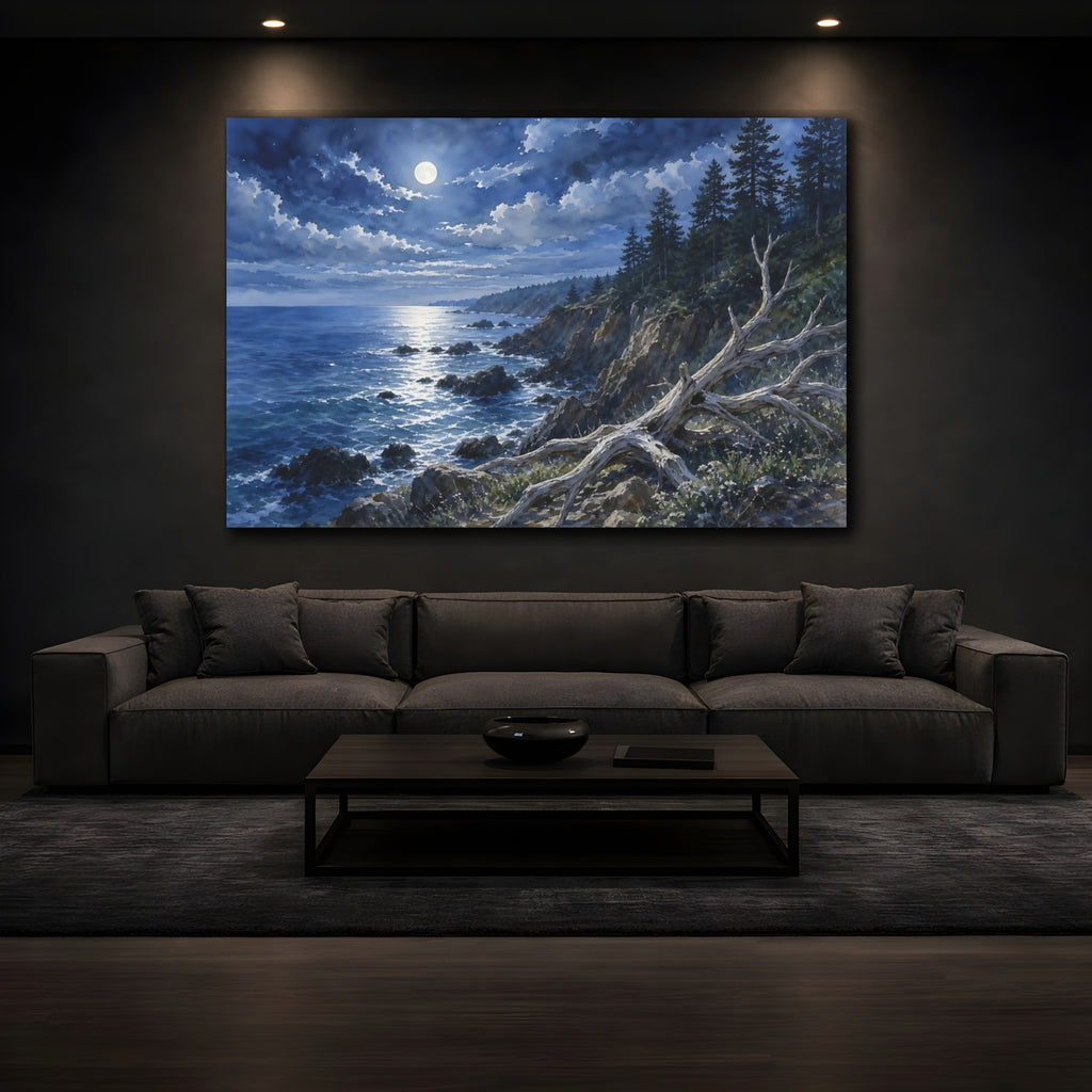 Mockup 3. Nature Moonlit Coast Moonlit Coastal Scene shown as stretched canvas wall art