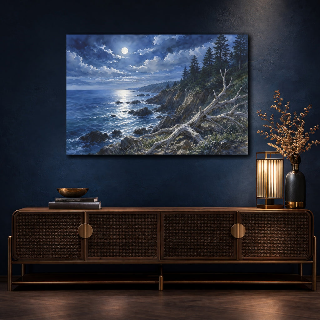 Mockup 4. Nature Moonlit Coast Moonlit Coastal Scene shown as stretched canvas wall art