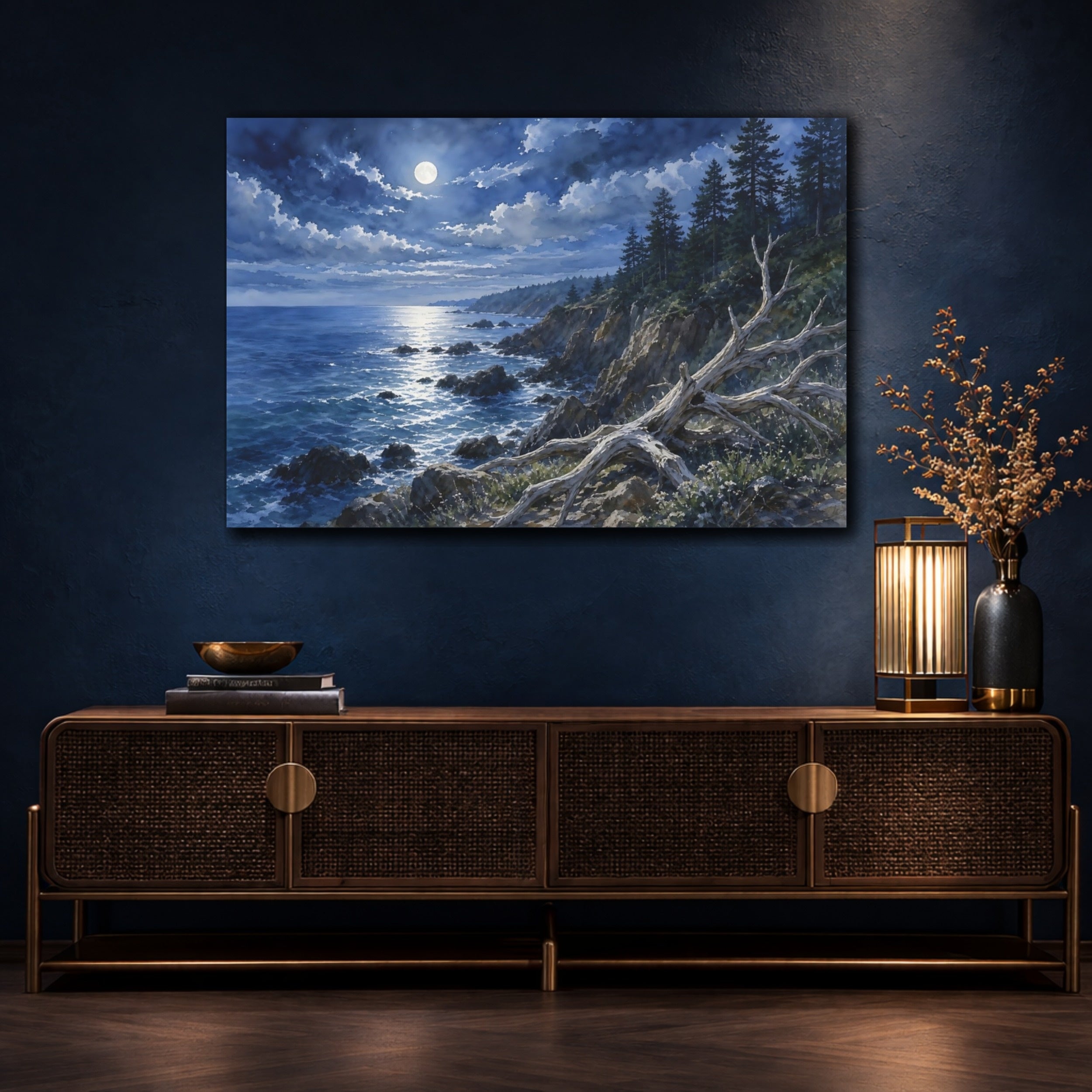 Mockup 4. Nature Moonlit Coast Moonlit Coastal Scene shown as stretched canvas wall art