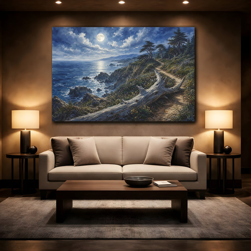 Mockup 2. Nature Moonlit Coast Moonlit Ocean Landscape shown as stretched canvas wall art