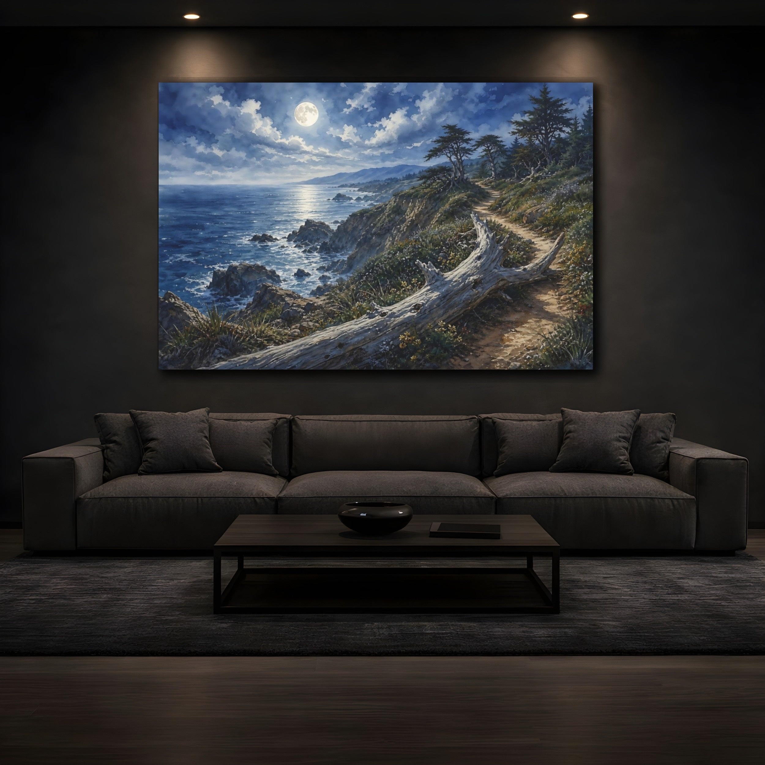 Mockup 3. Nature Moonlit Coast Moonlit Ocean Landscape shown as stretched canvas wall art