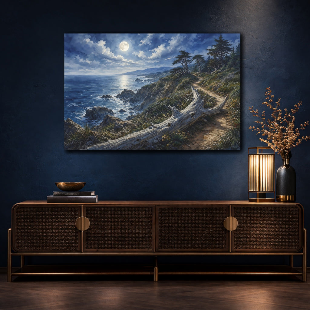 Mockup 4. Nature Moonlit Coast Moonlit Ocean Landscape shown as stretched canvas wall art