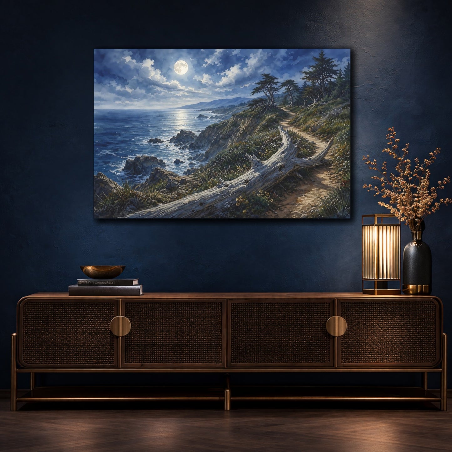 Mockup 4. Nature Moonlit Coast Moonlit Ocean Landscape shown as stretched canvas wall art