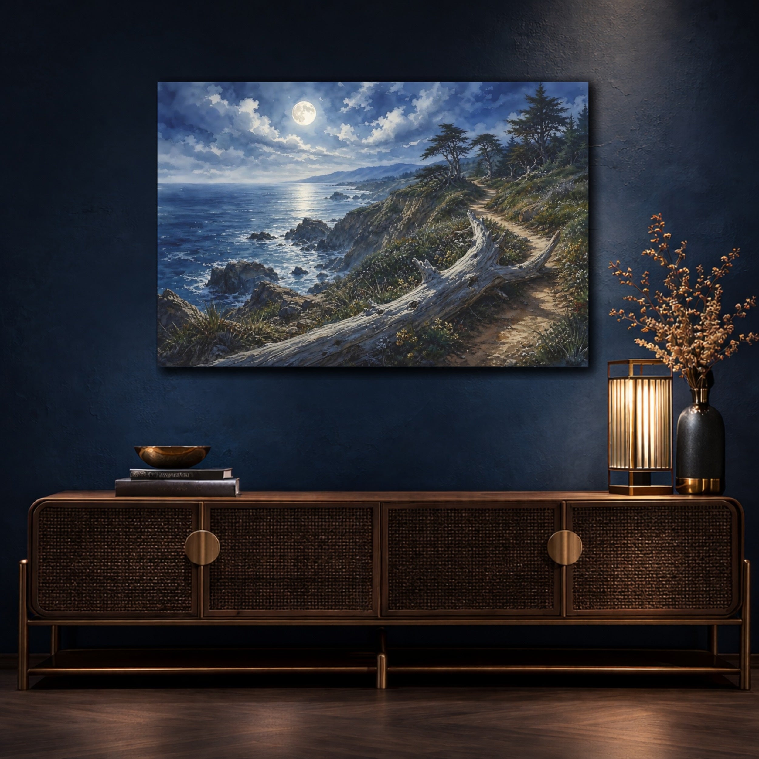 Mockup 4. Nature Moonlit Coast Moonlit Ocean Landscape shown as stretched canvas wall art