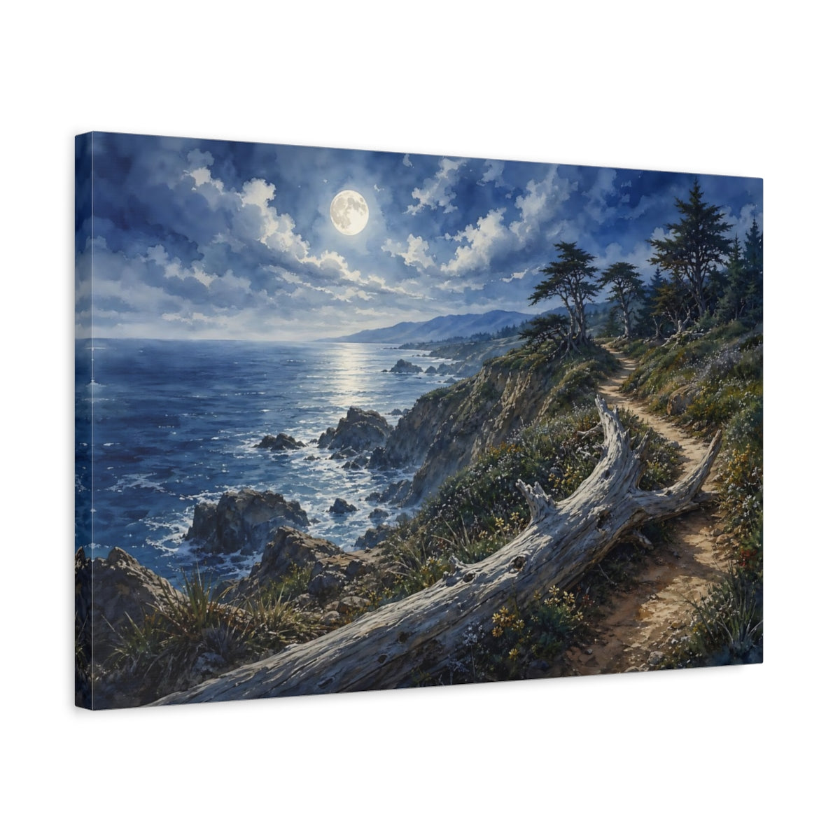 Side Mockup 3. Nature Moonlit Coast Moonlit Ocean Landscape shown as stretched canvas wall art