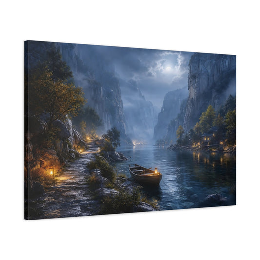 Main Mockup. Nature Moonlit Fjord Blue Moonlit Valley shown as stretched canvas wall art