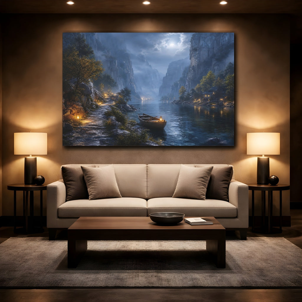 Mockup 2. Nature Moonlit Fjord Blue Moonlit Valley shown as stretched canvas wall art