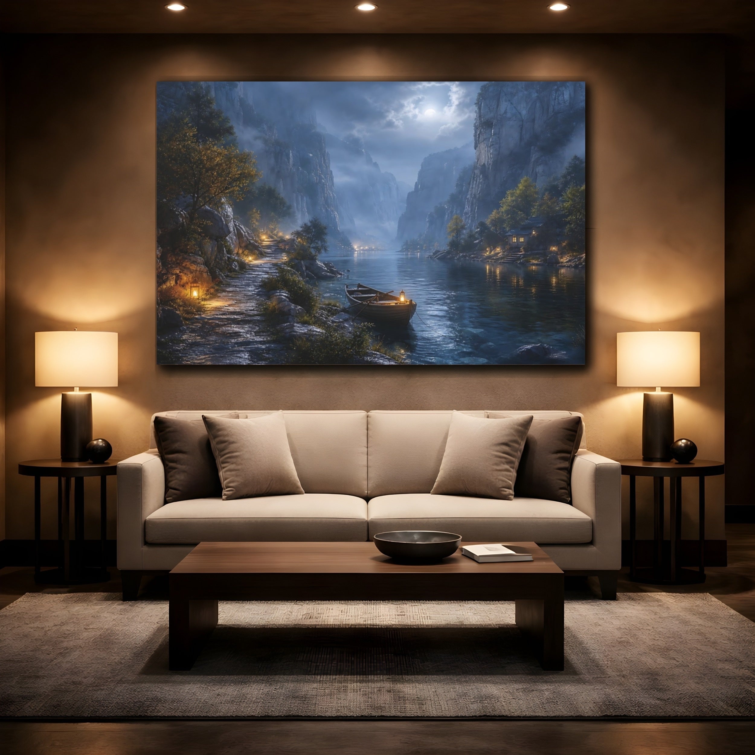 Mockup 2. Nature Moonlit Fjord Blue Moonlit Valley shown as stretched canvas wall art
