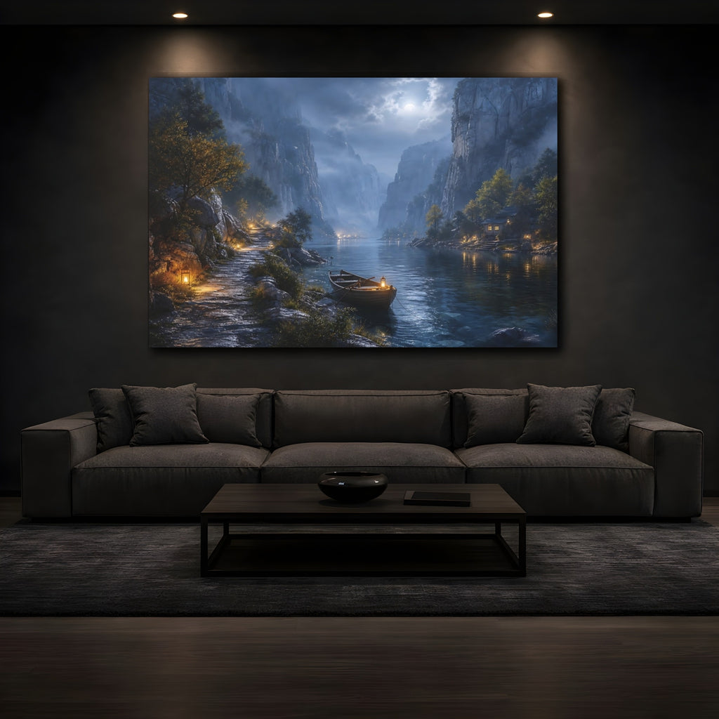 Mockup 3. Nature Moonlit Fjord Blue Moonlit Valley shown as stretched canvas wall art