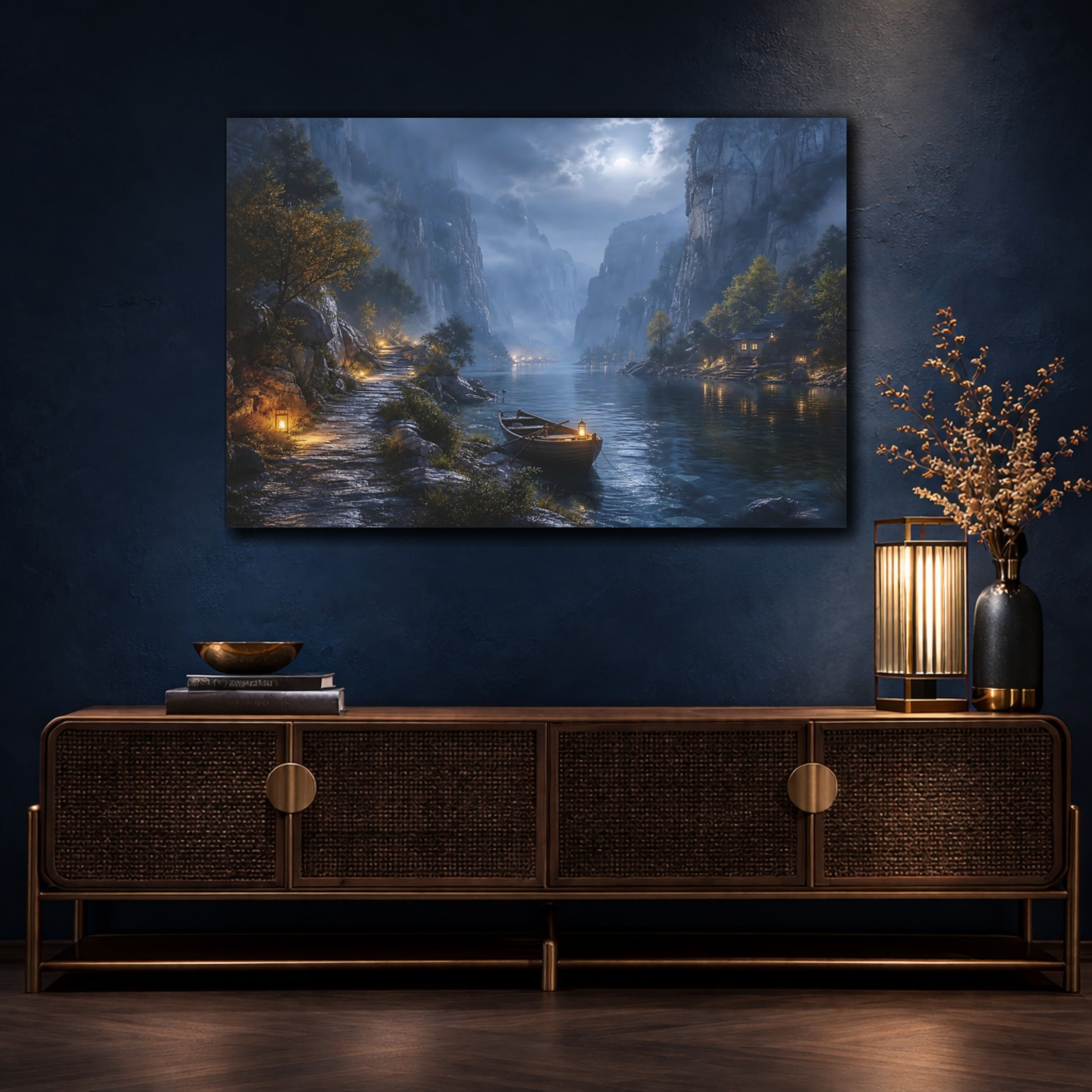 Mockup 4. Nature Moonlit Fjord Blue Moonlit Valley shown as stretched canvas wall art